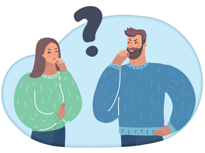 Vector illustration of a two people with question mark. Man and woman think in puzzlement and looking for a solution.|man en vrouw maken ruzie in de keuken aan tafel zit een kind wat droevig kijkt|Vector illustration of a two people with question mark. Man and woman think in puzzlement and looking for a solution.