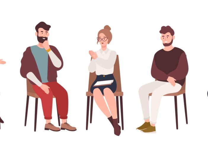 Vijf getekende mensen zitten op een stoel in een praatgroepje