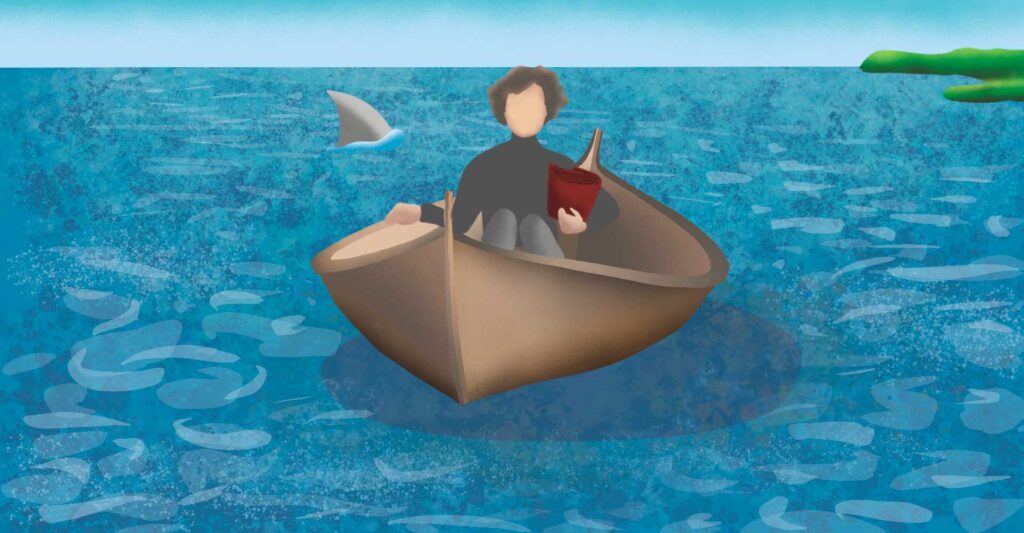 illustratie van een bootje met daarin een man. Haai zwemt op de achtergrond in zee