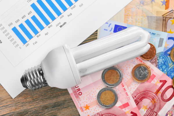 geld en een spaarlamp op een tafel