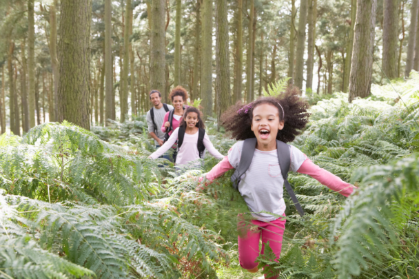 kinderen rennen door het bos met hun ouders