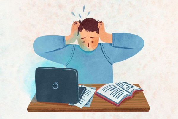 Illustratie van gestresst iemand achter buro met laptop