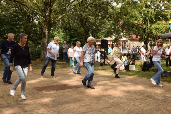 Groepje mensen doet aan line dance.