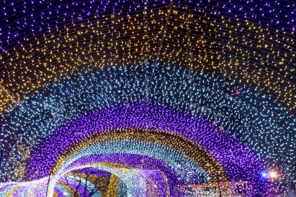 Lichtkunstwerk met allerlei felle kleuren.