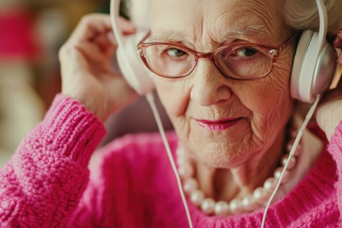 Oudere vrouw gebruikt een koptelefoon