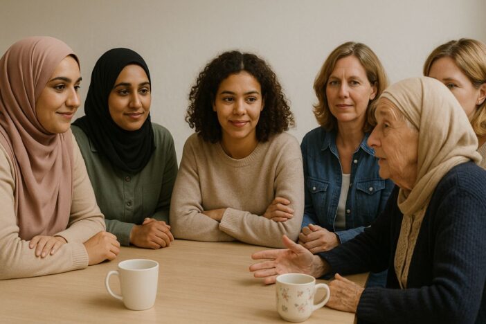 Vrouwen van diverse achtergronden in gesprek met elkaar.
