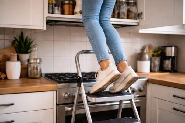 Vrouw wankelt op keukentrapje.