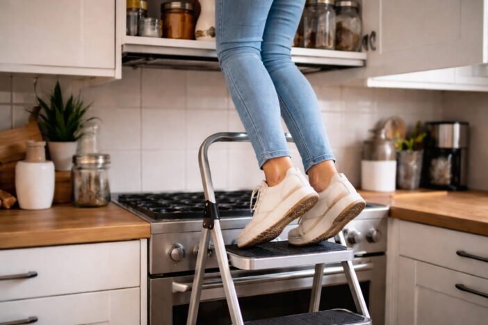 Vrouw wankelt op keukentrapje.