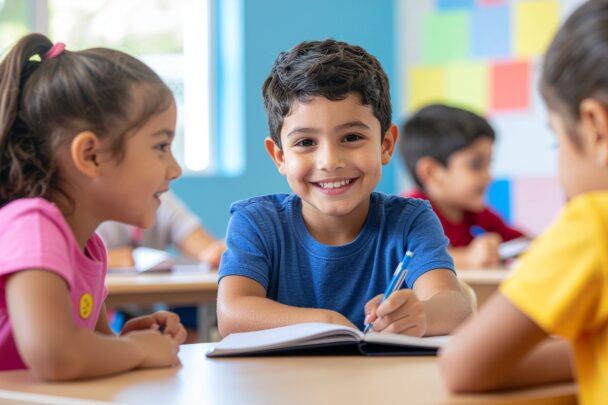 Drie kinderen in basisschoolleeftijd zitten aan tafeltje.