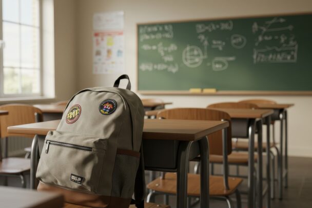 Rugzak staat in een leeg klaslokaal op een stoel.