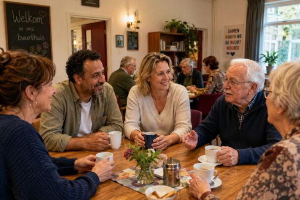 Groepje mensen voert gesprek aan tafel in een gezellig buurthuis.