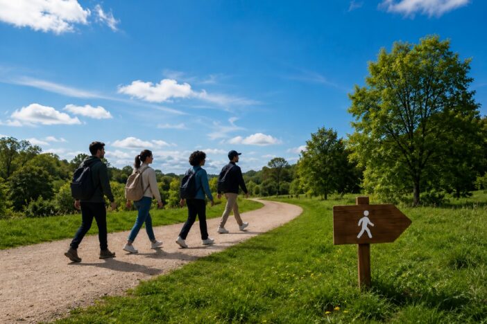 Vier mensen wandelen op een pad.
