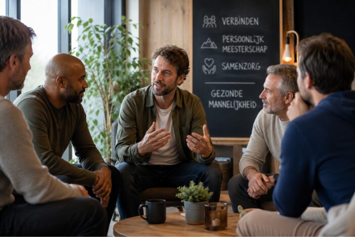 Groepje mannen in gesprek met elkaar in een workshopruimte.