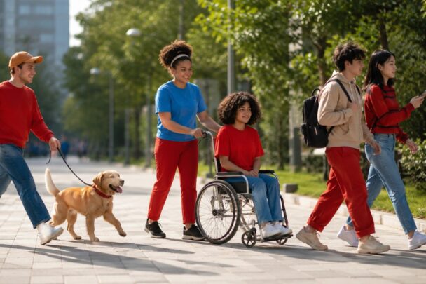 Vijf mensen en een hond lopen op straat.