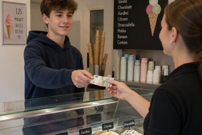 Jongen koopt een ijsje bij een ijssalon.