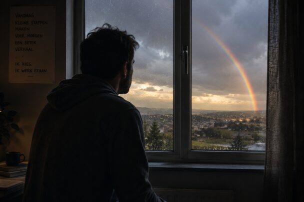 Man kijkt door raam naar buiten toe, waar een regenboog te zien is.
