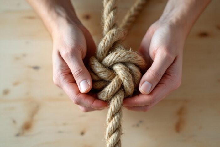 Paar handen houdt een grof touw vast wat in de knoop zit.
