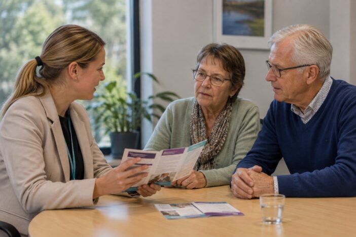 Twee ouderen hebben een gesprek met een jongere vrouw die ze iets uitlegt met behulp van een brochure.