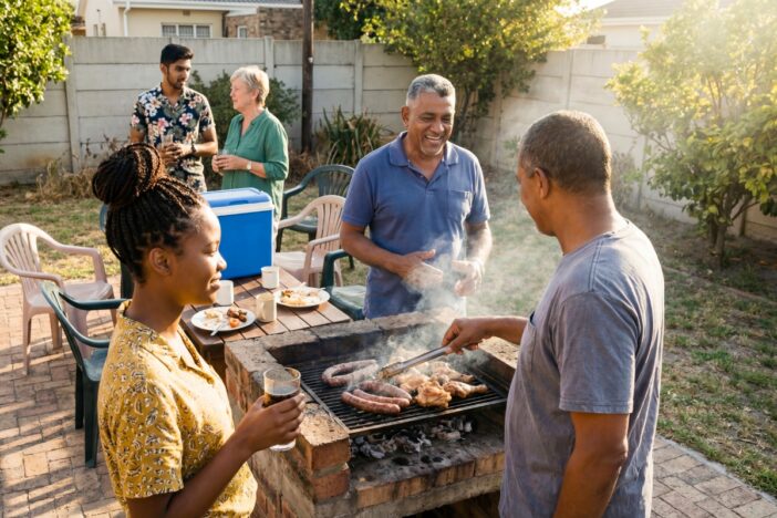 Groepje mensen geniet van een gezamenlijke barbecue.