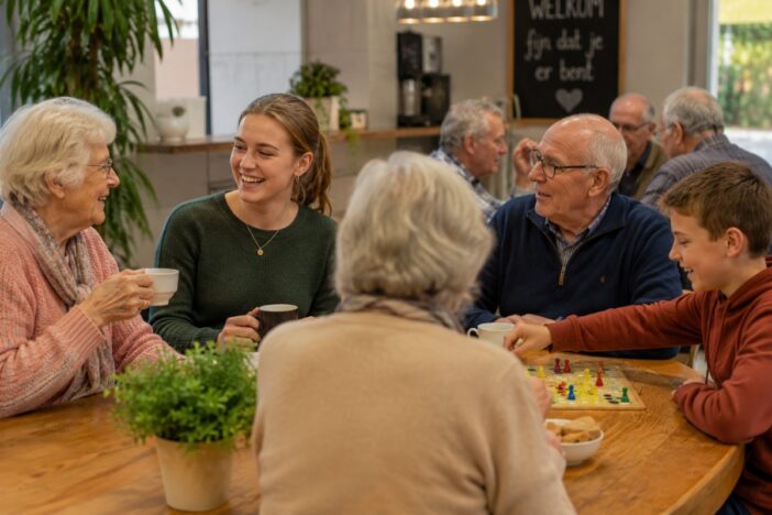Jong en oud ontmoeten elkaar n een buurthuis voor een praatje en een spelletje.
