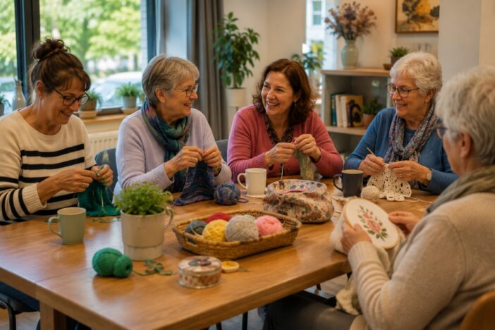 Groepje dames is aan het breien, haken en borduren.