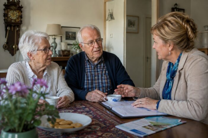 Twee ouderen ontvangen een huisbezoek van een mevrouw. Zij geeft uitleg middels een brochure.