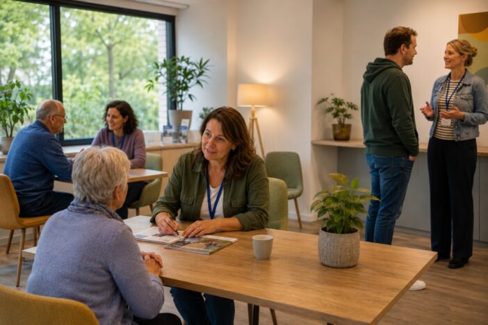 Mensen voeren gesprekken in een setting zoals een informatiepunt in een bibliotheek.
