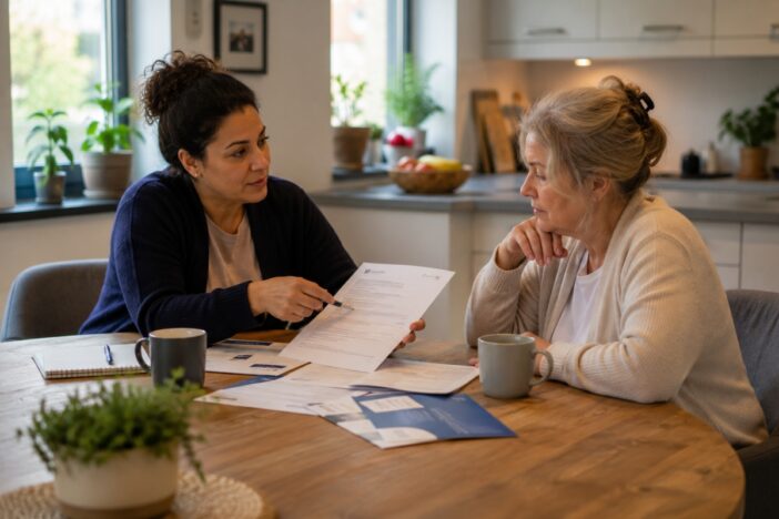 Twee vrouwen voeren een gesprek aan een keukentafel over een brief of formulier.