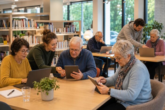 Groepje ouderen oefent onder begeleiding met gebruik van computer en tablet.