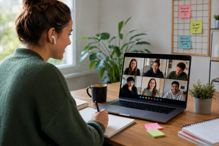 Vrouw volgt online training via een laptop. Ze heeft een videogesprek met 6 anderen.
