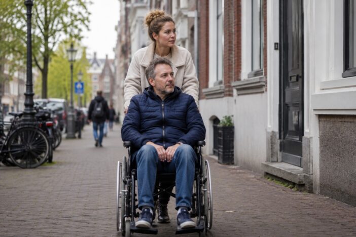 Vrouw duwt man voort in rolstoel, in de stad.