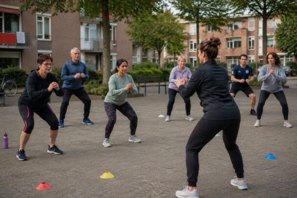 Groepje mensen sport samen buiten op een pleintje.