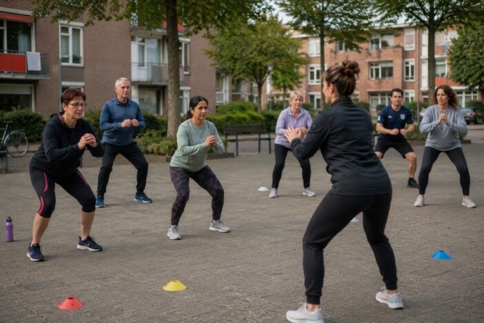 Groepje mensen sport samen buiten op een pleintje.