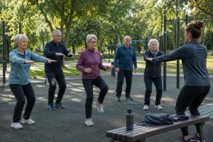 Vijf ouderen sporten samen met een instructrice in een park.