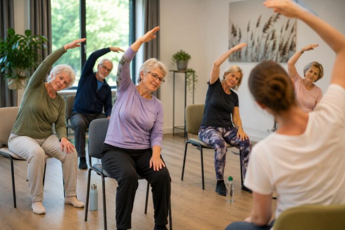 Groepje ouderen volgt een les stoelyoga.
