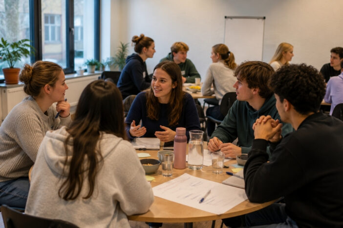 Studenten is met elkaar in gesprek en aan het lunchen.