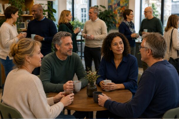 Groepje mensen houdt een gezellige ontmoeting met elkaar.