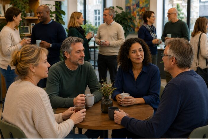 Groepje mensen houdt een gezellige ontmoeting met elkaar.
