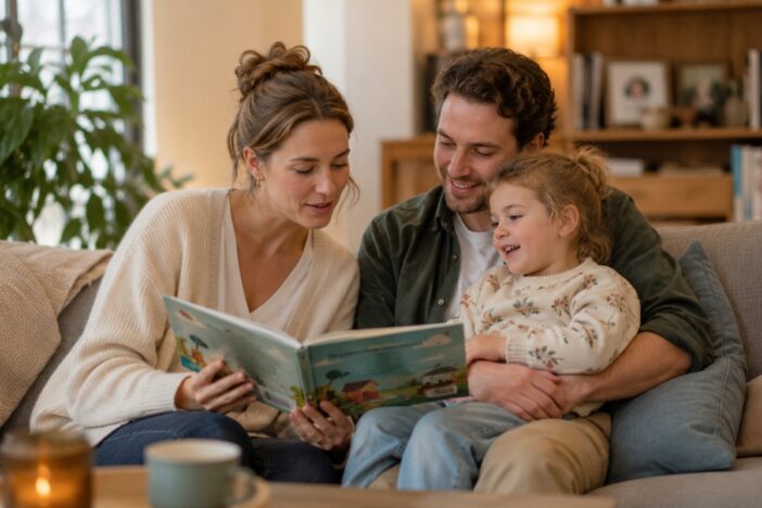 Jonge man en vrouw lezen voor aan hun dochter vanaf de bank.