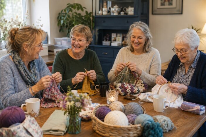 Vier vrouwen zijn aan tafel gezellig aan het breien of haken.
