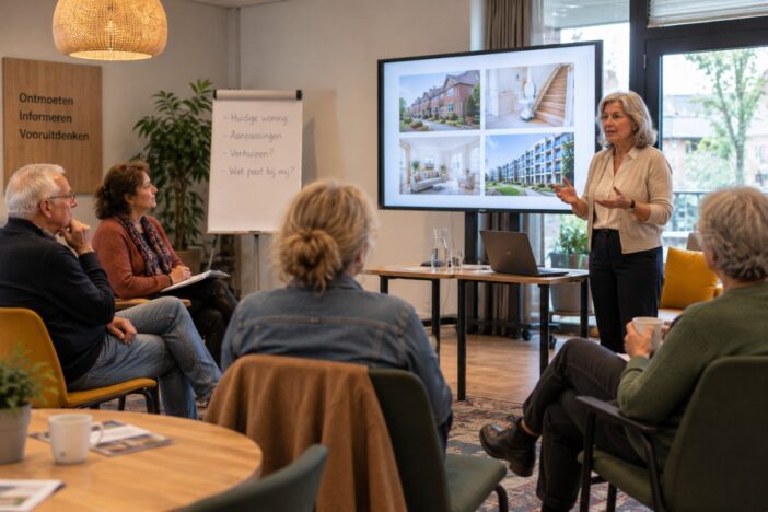 Bijeenkomst met ouderen en een powerpointpresentatie.