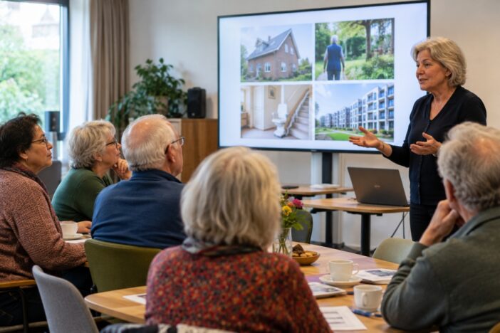 Bijeenkomst voor ouderen met een presentatie op een beeldscherm met foto's van huizen.
