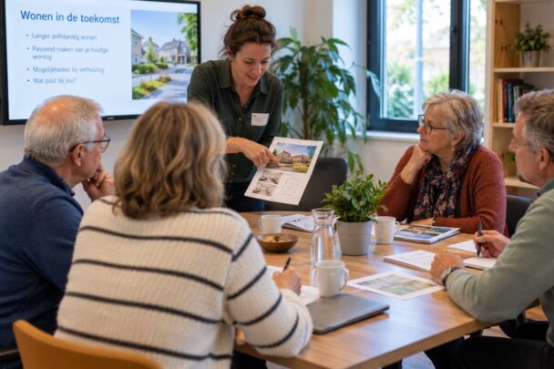 Bijeenkomst van ouderen met een presentatie op een scherm.