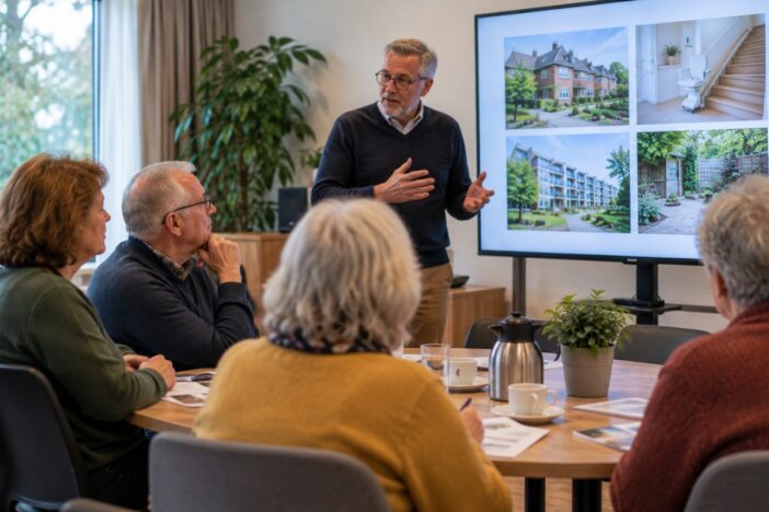 Bijeenkomst van ouderen over zelfstandig blijven wonen, inclusief powerpointpresentatie.