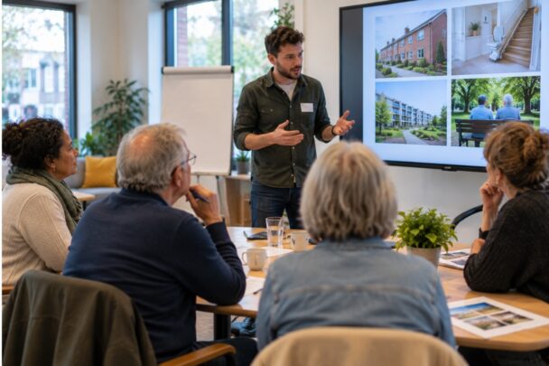 Bijeenkomst van ouderen over zelfstandig blijven wonen, inclusief powerpointpresentatie.