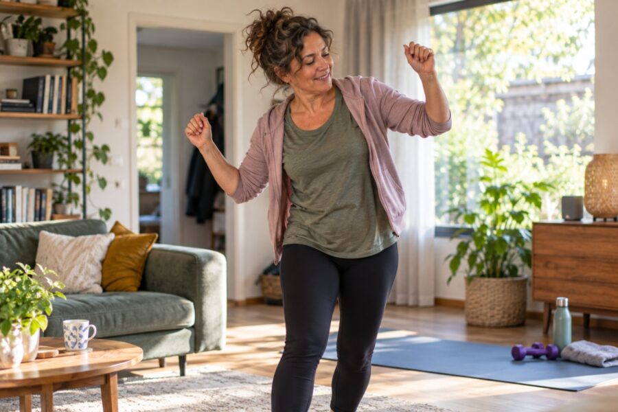 Vrouw danst in haar woonkamer