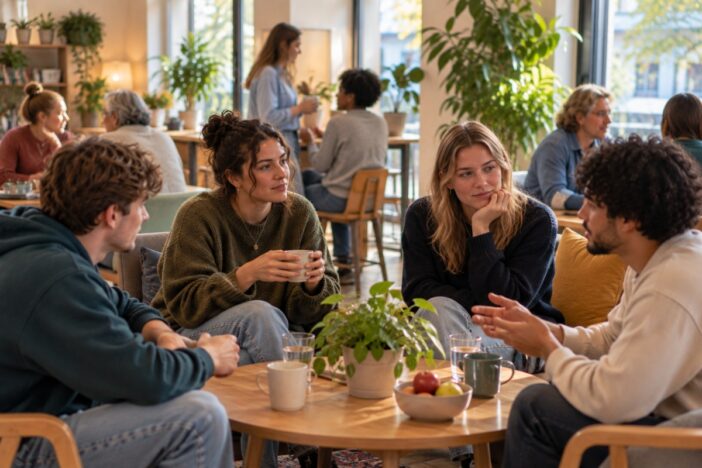 Vier jong volwassenen voeren een gesprek met elkaar in een buurthuis. De sfeer is gemoedelijk.