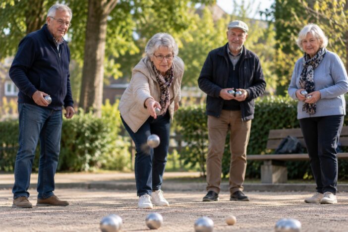 Twee dames en heren spelen een spel jeu des boules.