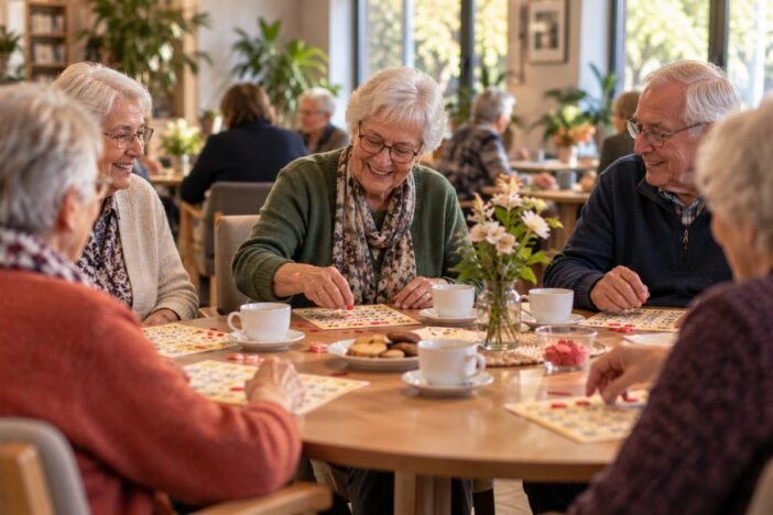 Ouderen zijn gezellig aan het kienen met elkaar.