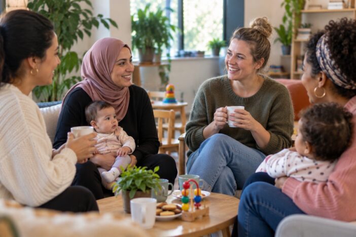 Vrouwen met jonge kinderen praten met elkaar in een informele setting. Ze drinken ook koffie.